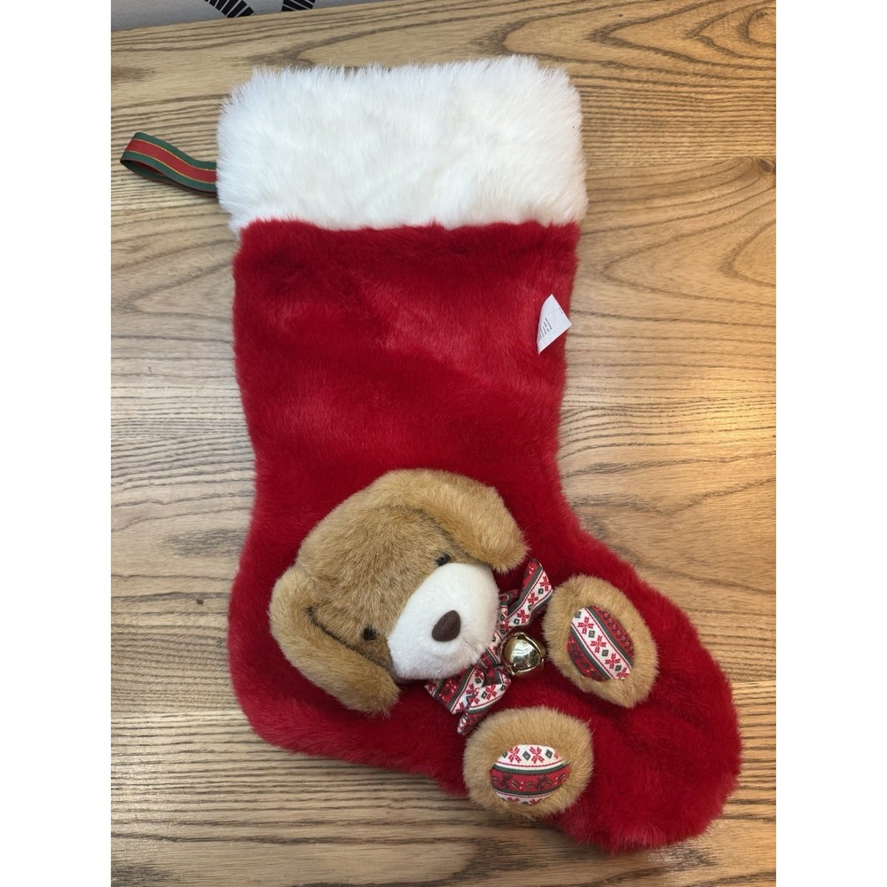 Christmas Holiday Stocking Soft brown and white Plush Puppy dog red white 3D